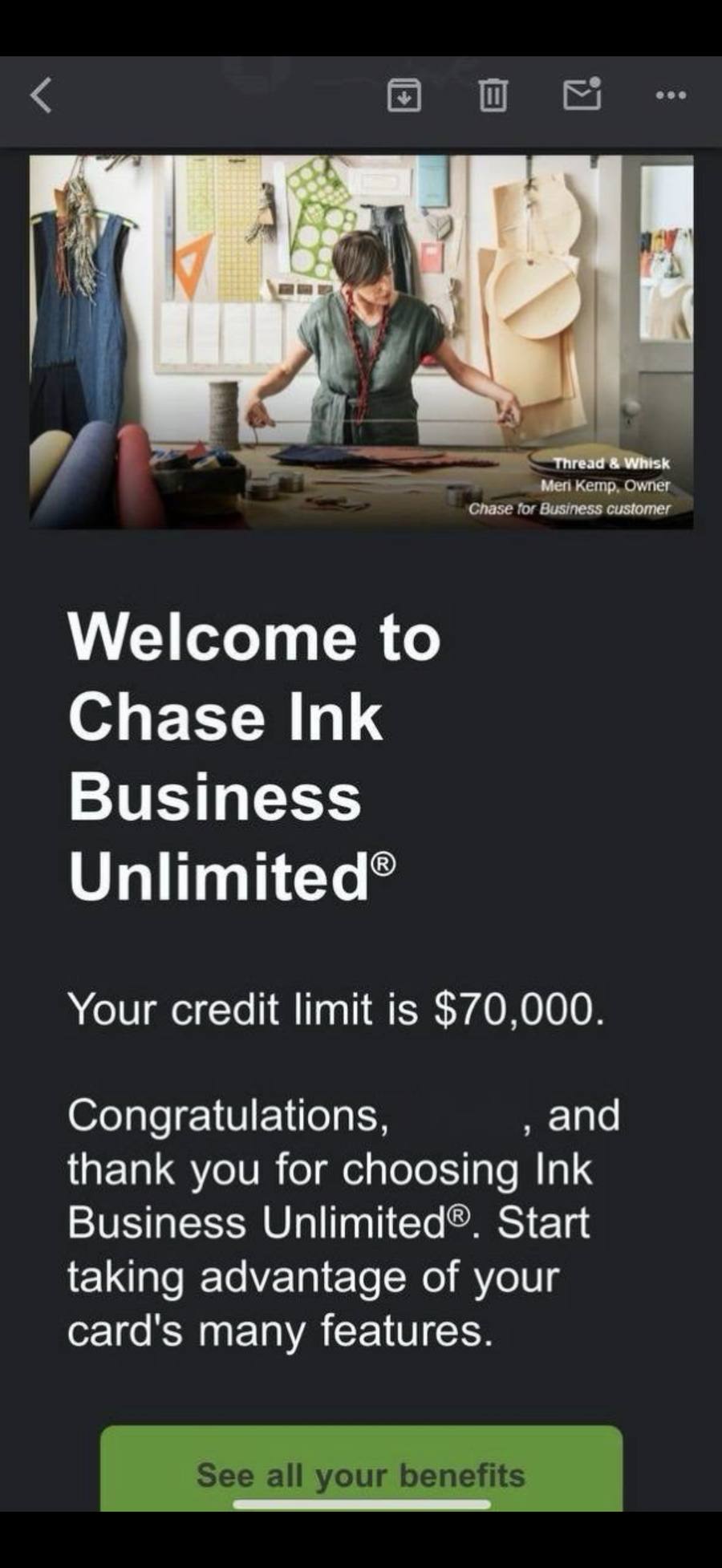 Chase Ink Business Unlimited approval at $70,000