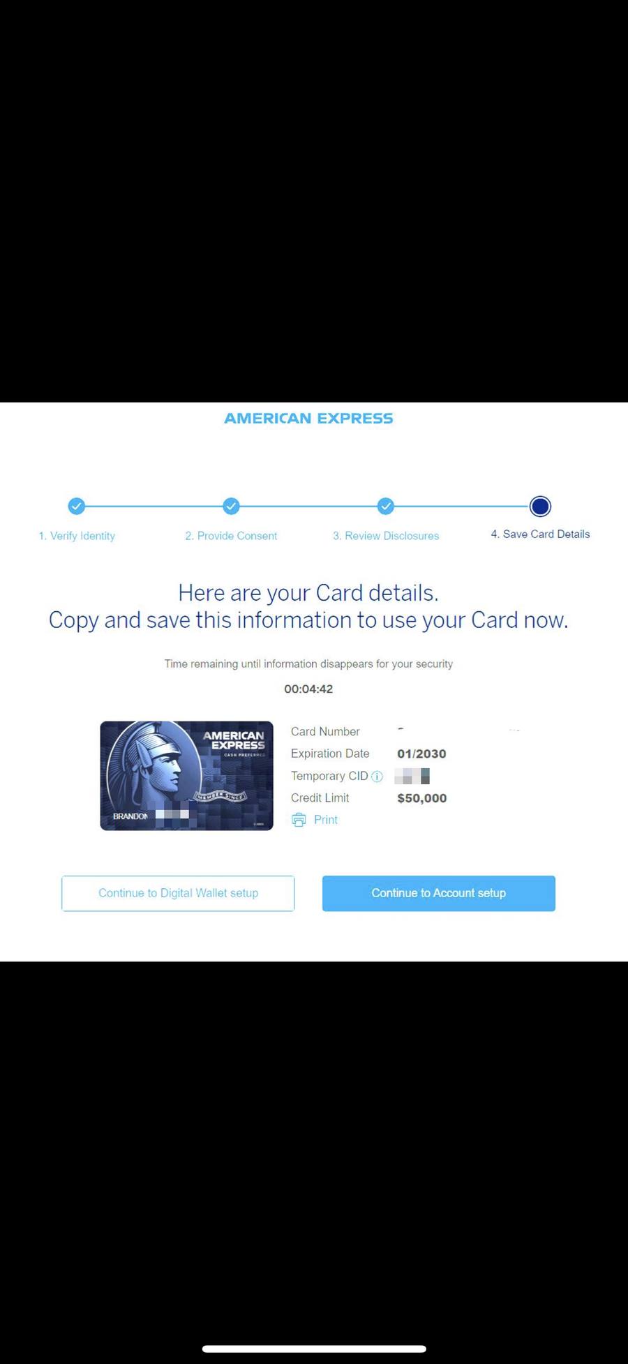 Brandon's Amex Cash Preferred card details showing a $50,000 credit limit, surname redacted