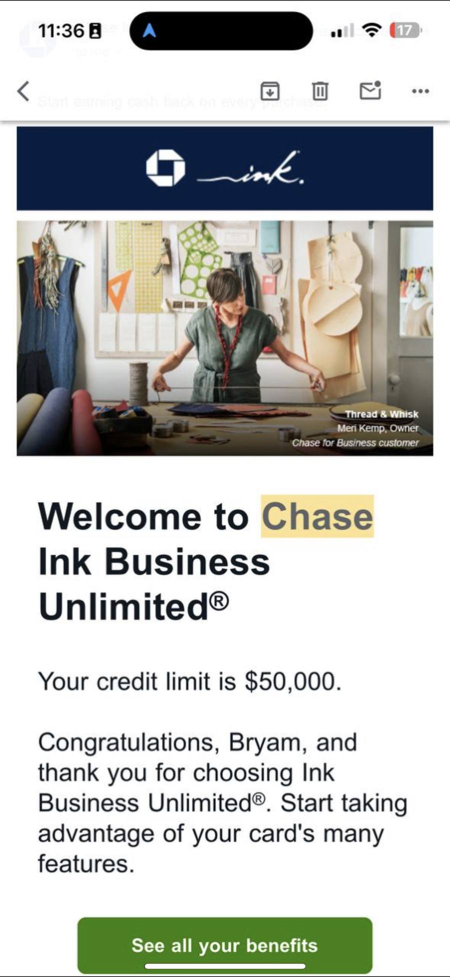 Bryam approved for Chase Ink Business Unlimited at $50,000