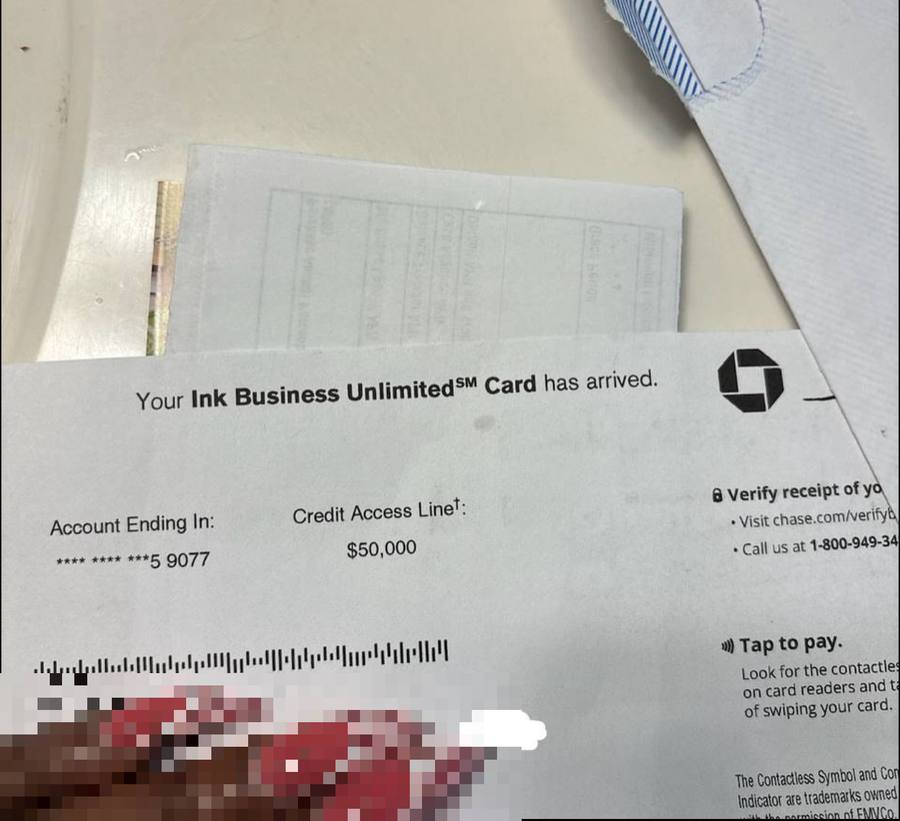 Chartavia's Ink Business Unlimited card arrival letter at $50,000, address redacted
