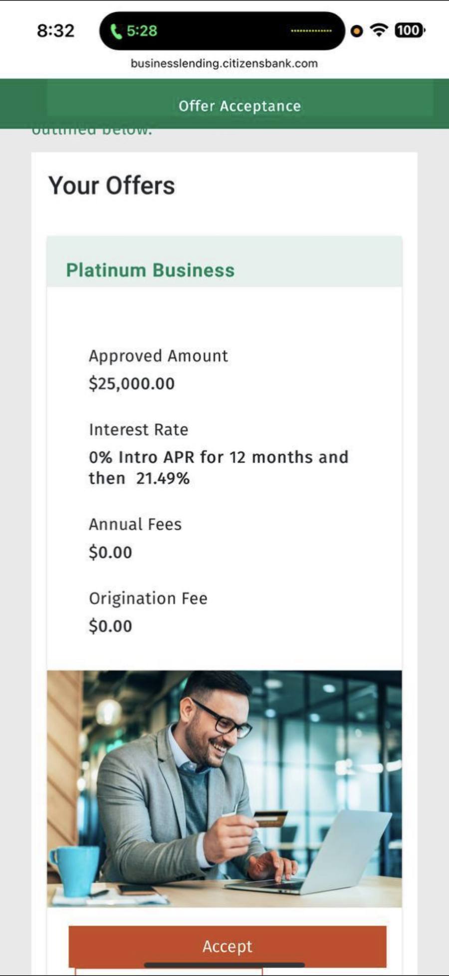 Citizens Platinum Business approval at $25,000 with 0% intro APR