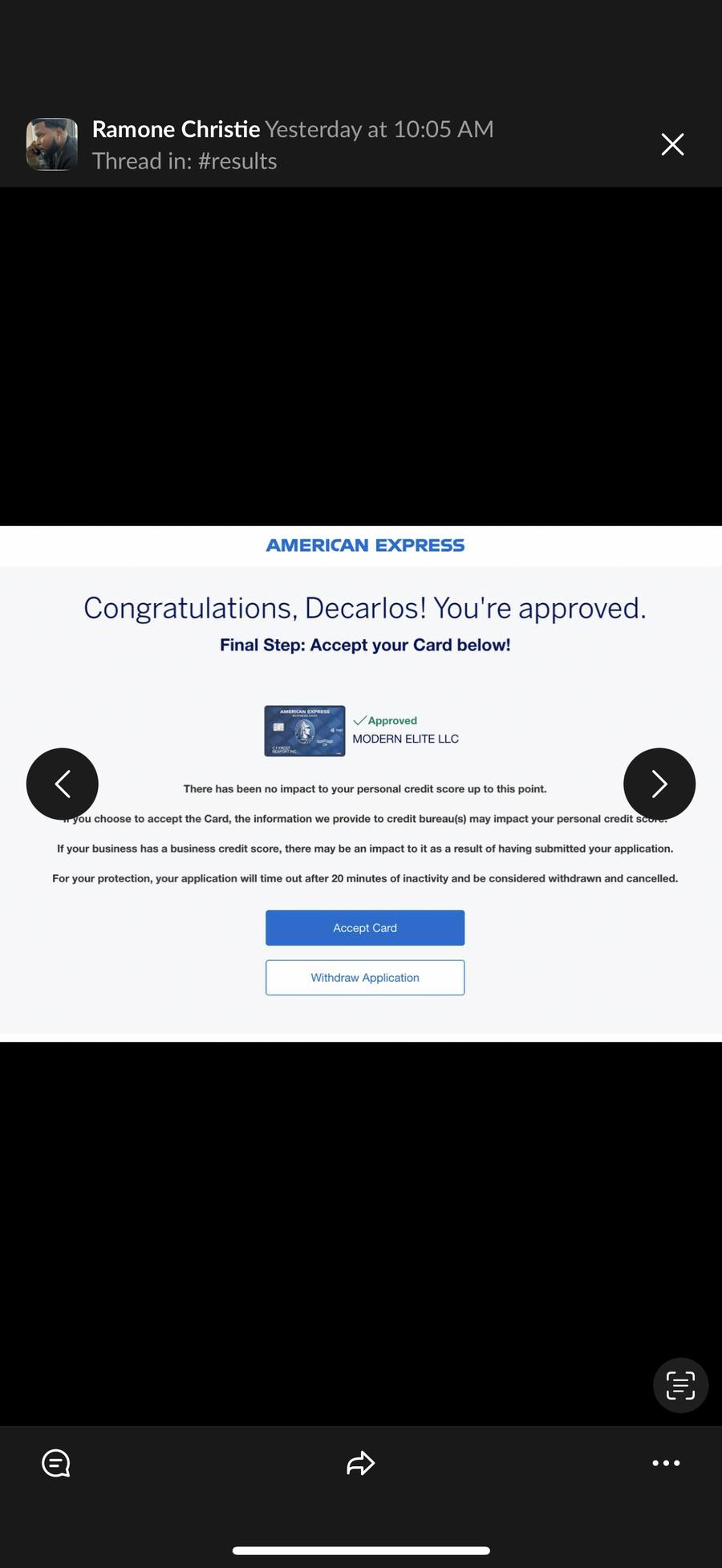 Decarlos approved for Amex Business Cash for Modern Elite LLC