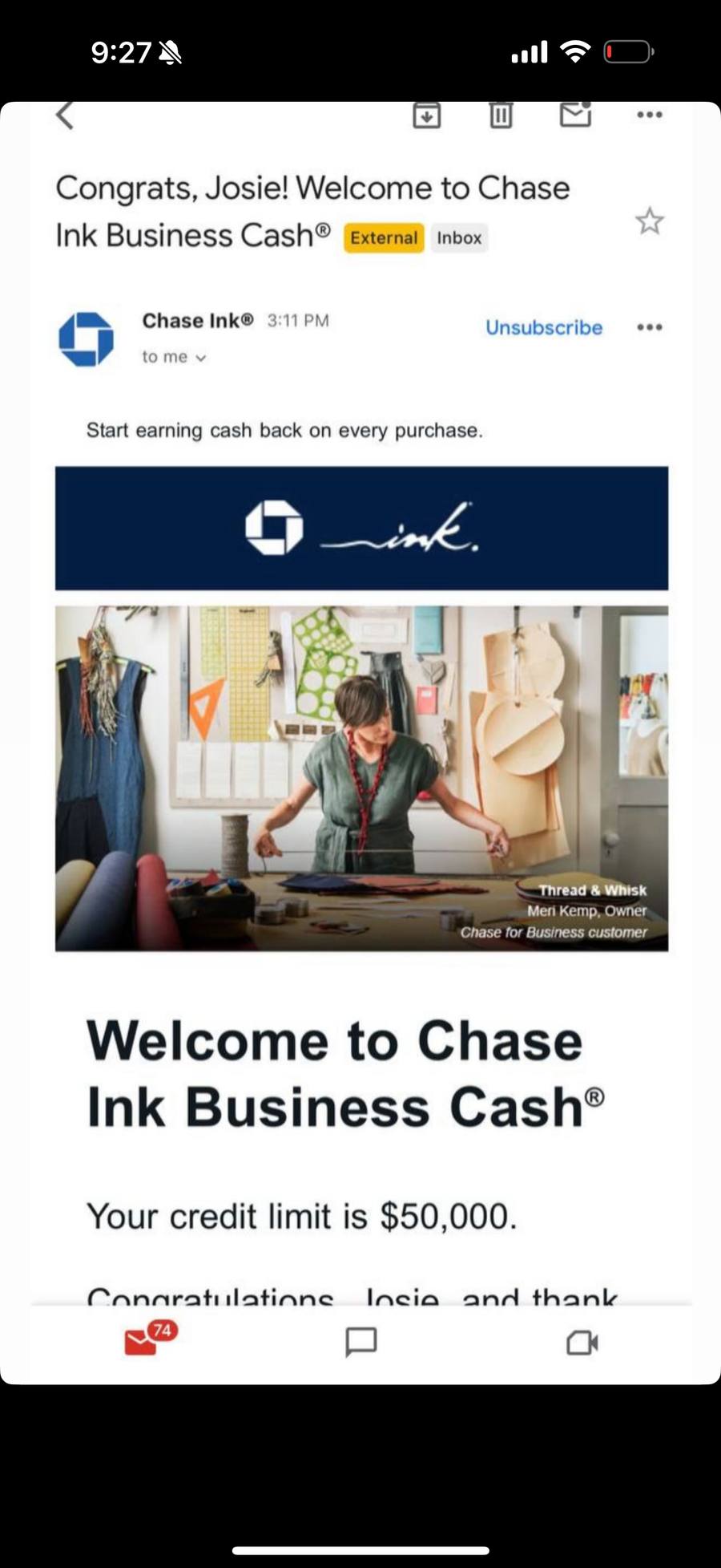 Josie approved for Chase Ink Business Cash at $50,000