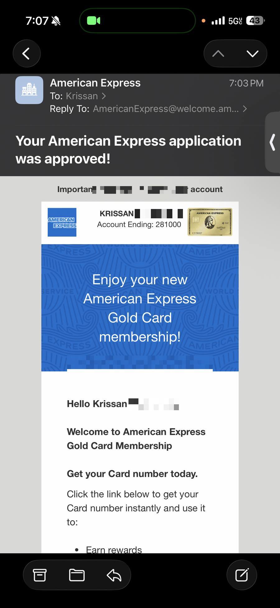 Krissan's American Express Gold Card approval email, surname redacted