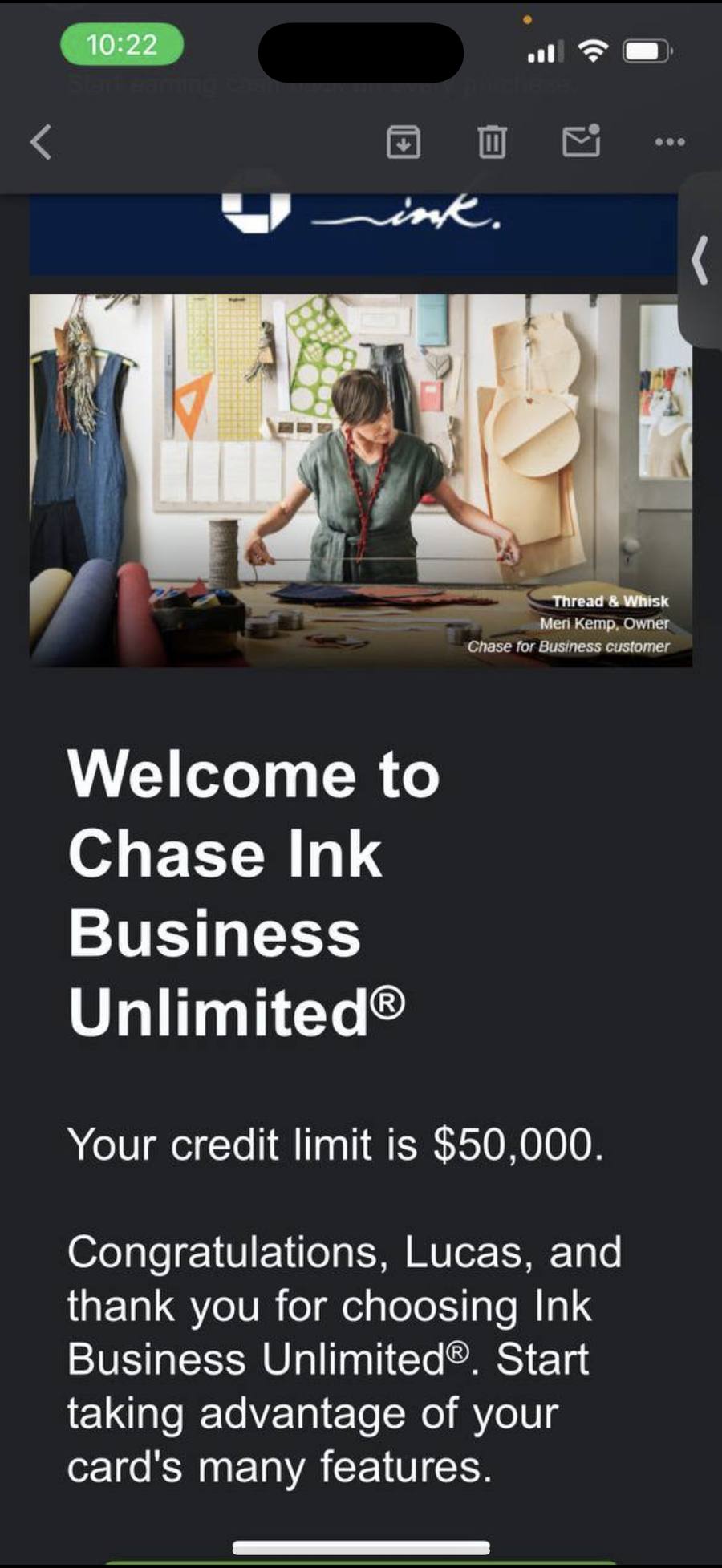 Lucas approved for Chase Ink Business Unlimited at $50,000