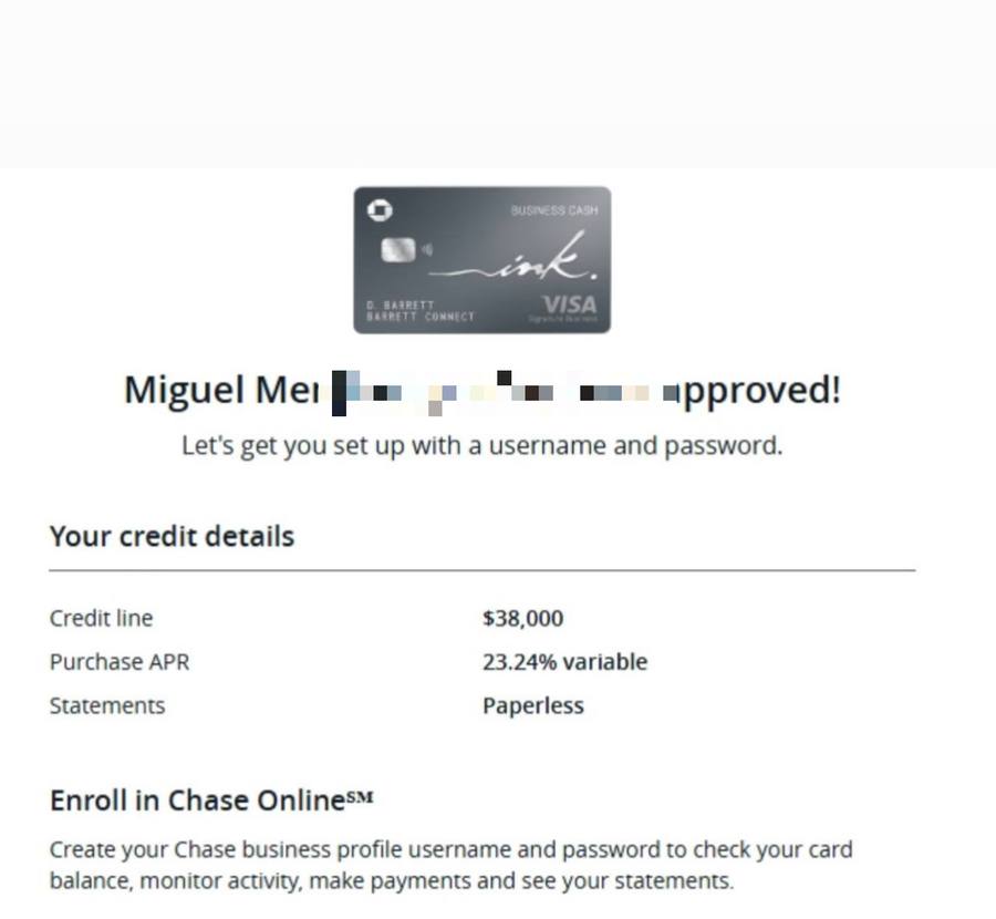 Miguel's second approval, Ink Business Cash at $38,000, surname redacted