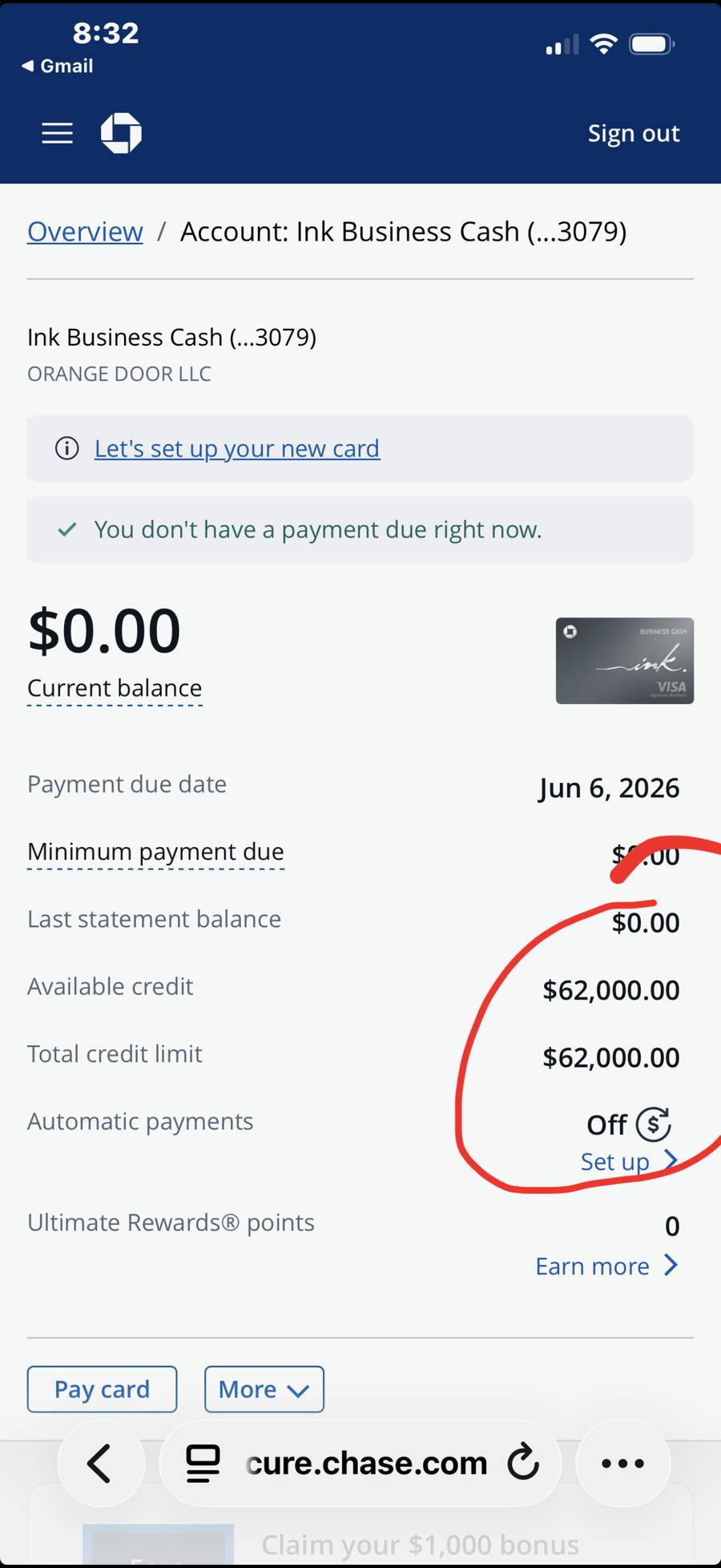 Ink Business Cash account showing $62,000 total credit limit