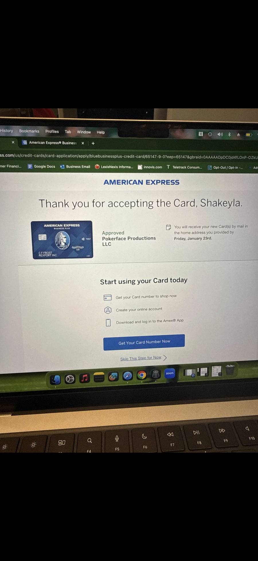 Shakeyla's American Express Business Plus approval for Pokerface Productions LLC
