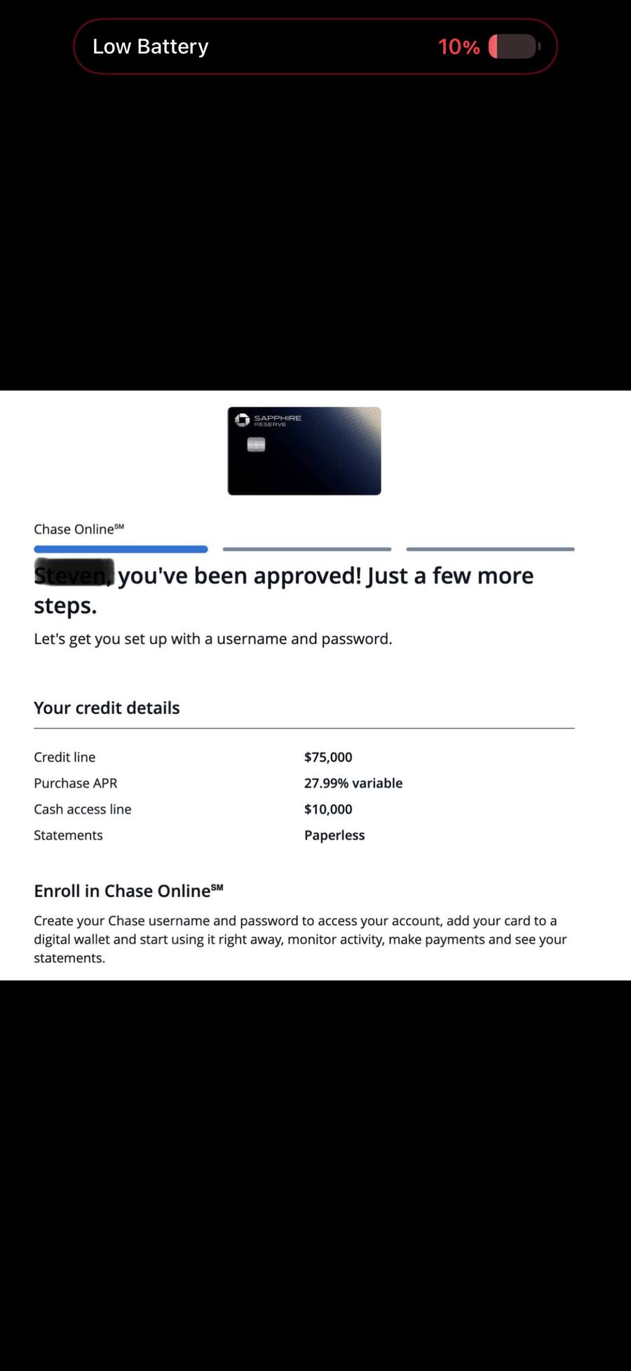 Steven approved for Chase Sapphire Reserve with $75,000 credit line