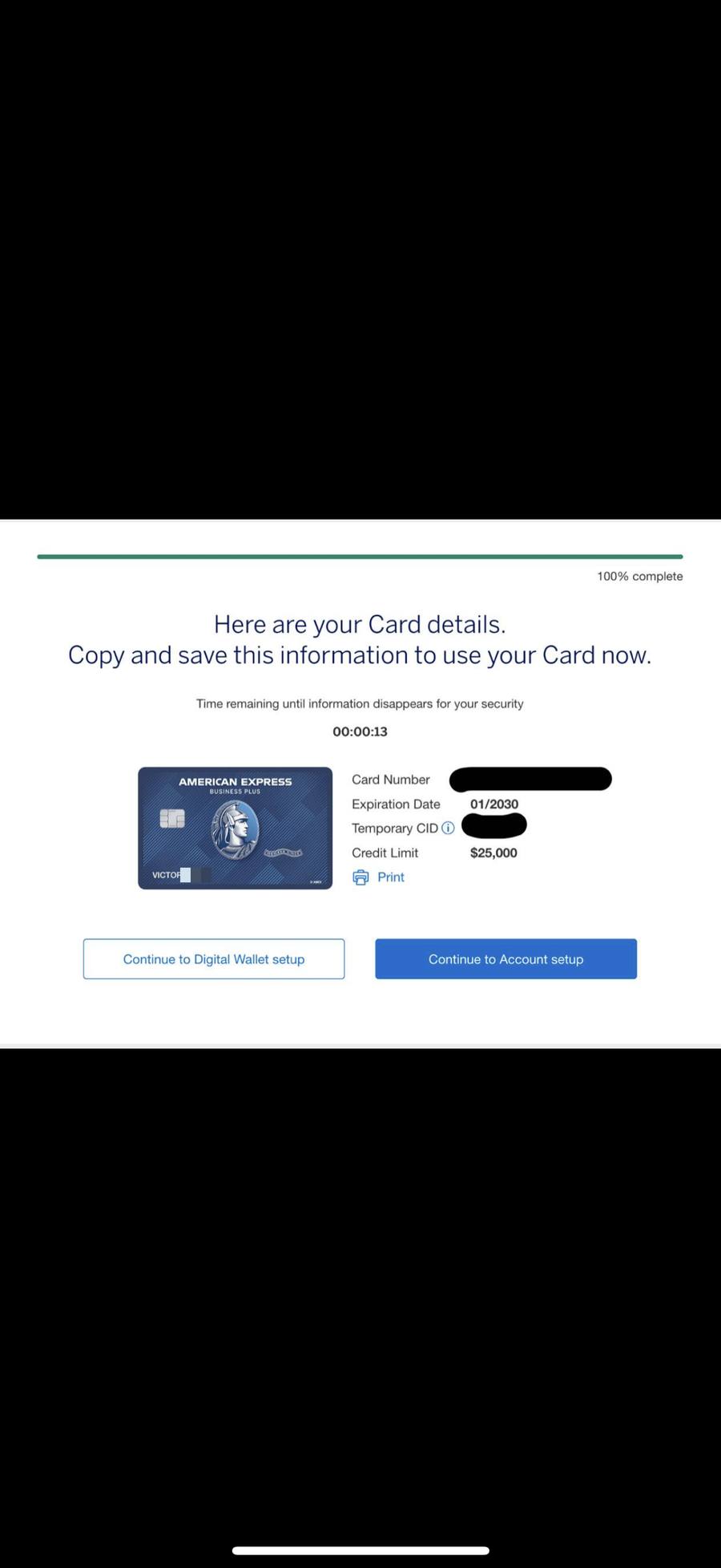 Victor's Amex Business Plus card details showing a $25,000 credit limit, surname redacted