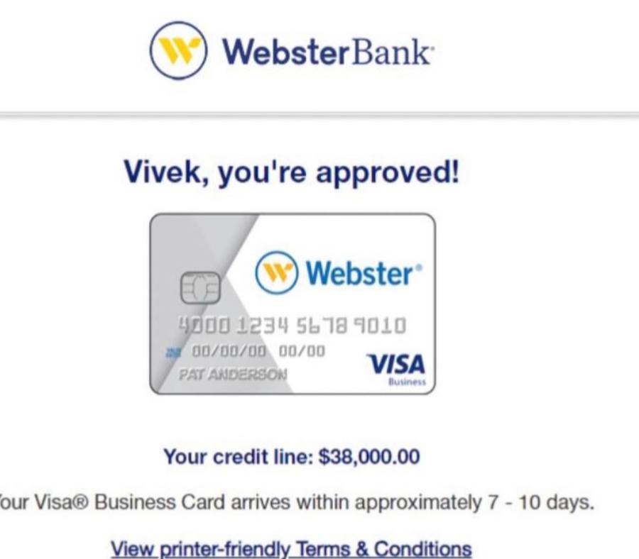 Vivek approved by Webster Bank for a $38,000 Visa Business line