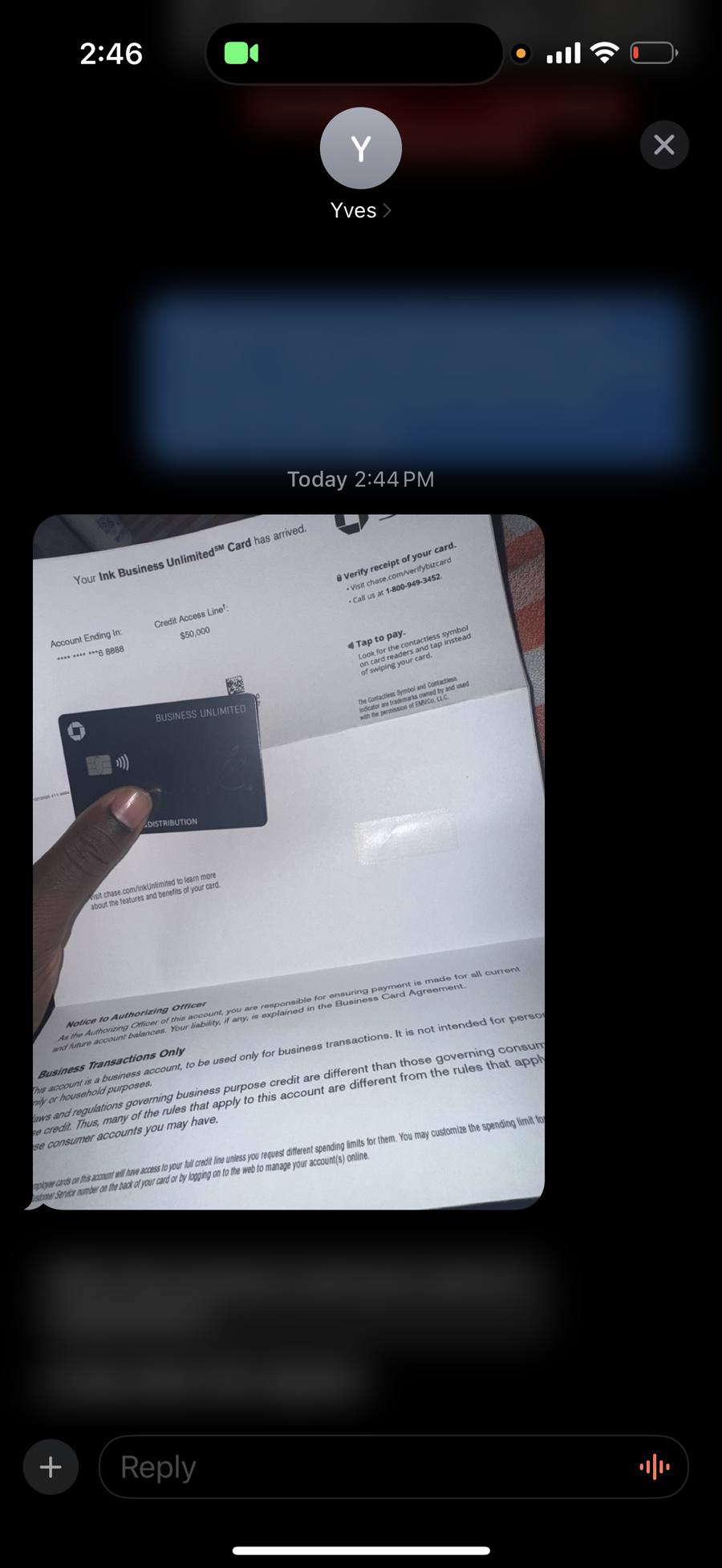 Yves' Chase Ink Business Unlimited card and $50,000 credit access letter