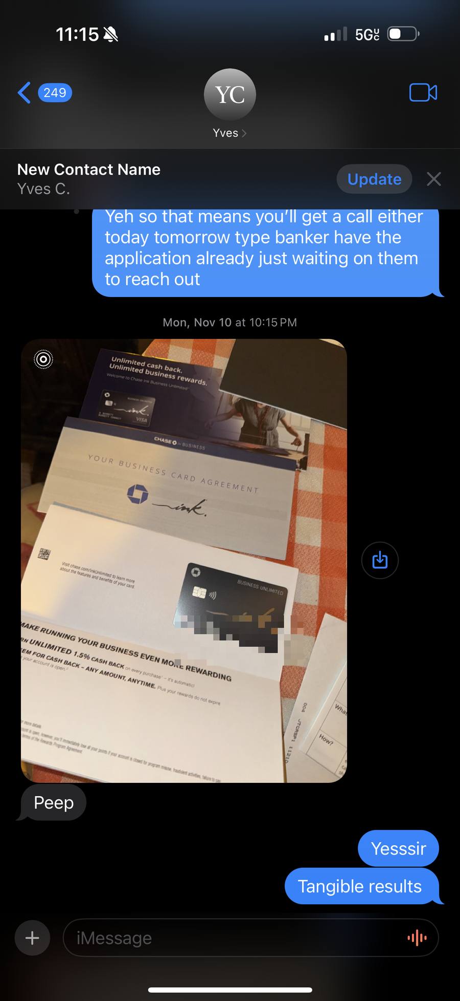Yves' Chase Ink card with business card agreement, name redacted