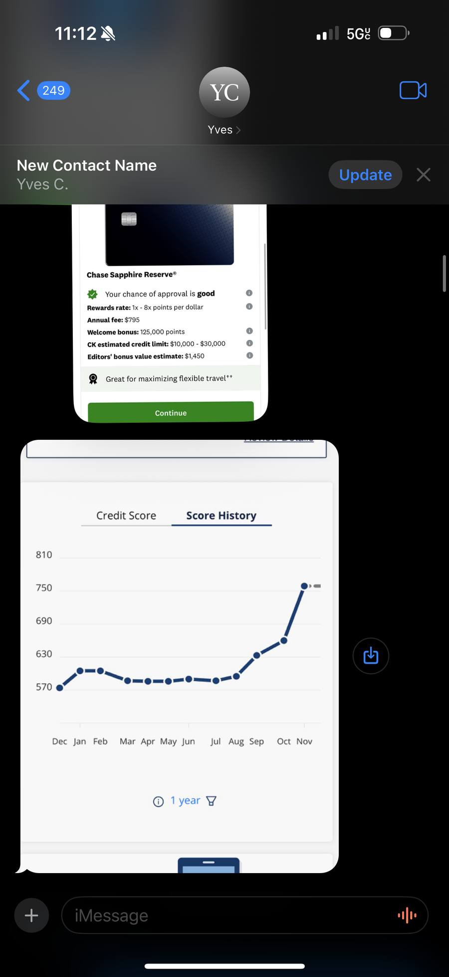 Yves' documented credit score history rising from 570 to over 750