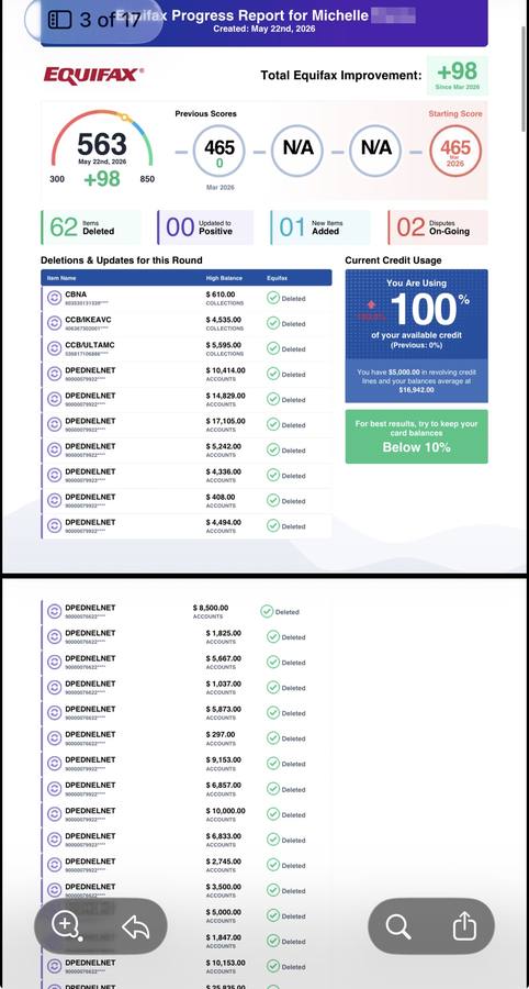 Michelle Equifax progress report showing 62 items deleted