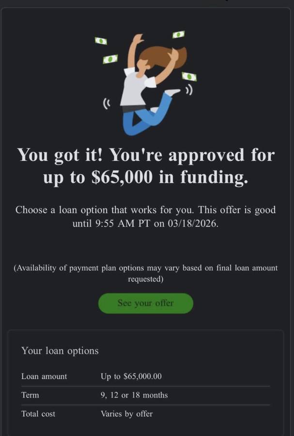Client approved for up to $65,000 in business funding