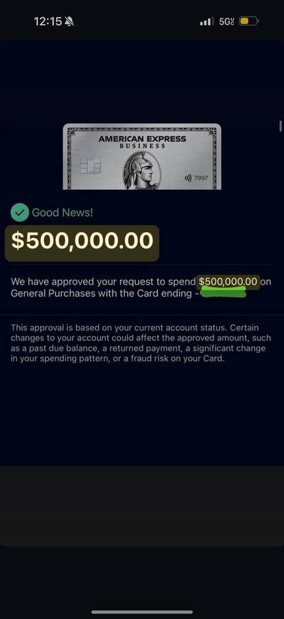 American Express Business approval for a $500,000 purchase amount