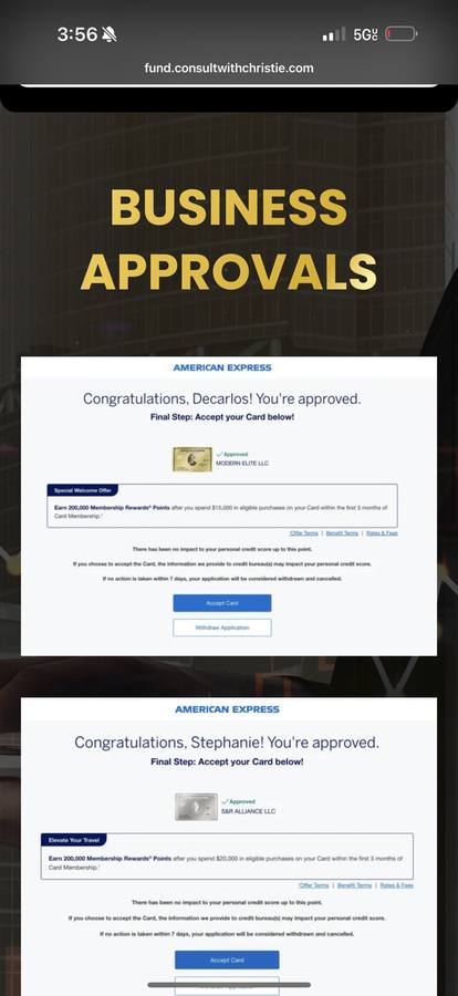 Decarlos and Stephanie approved for American Express Business cards