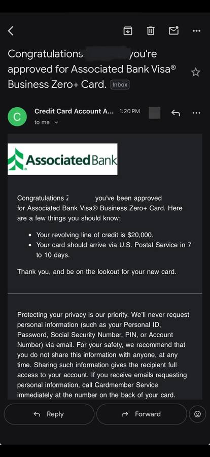 Associated Bank Visa Business Zero+ approved for a $20,000 line