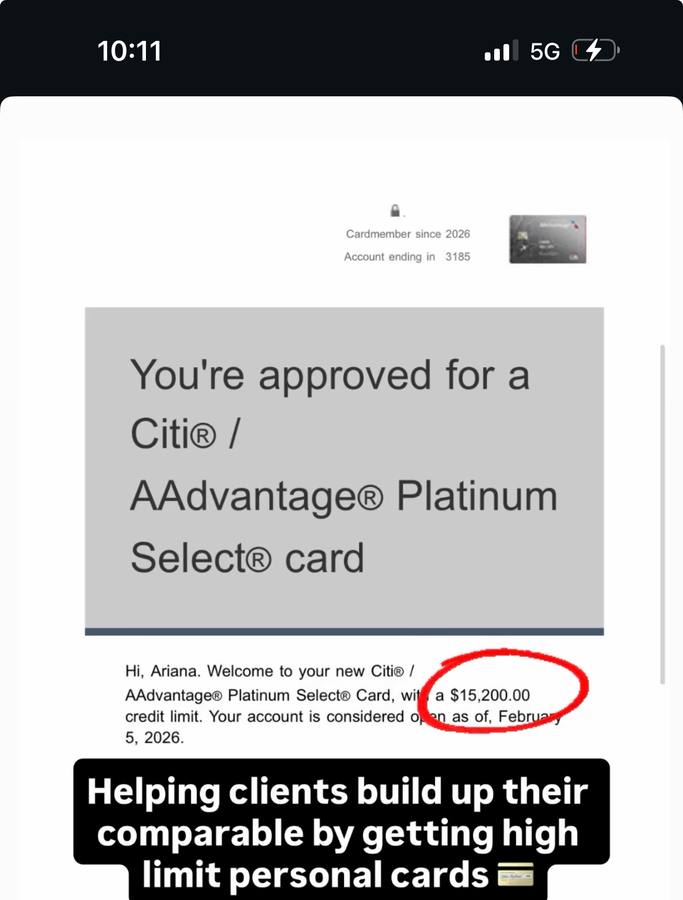 Ariana approved for a Citi AAdvantage Platinum Select card at $15,200