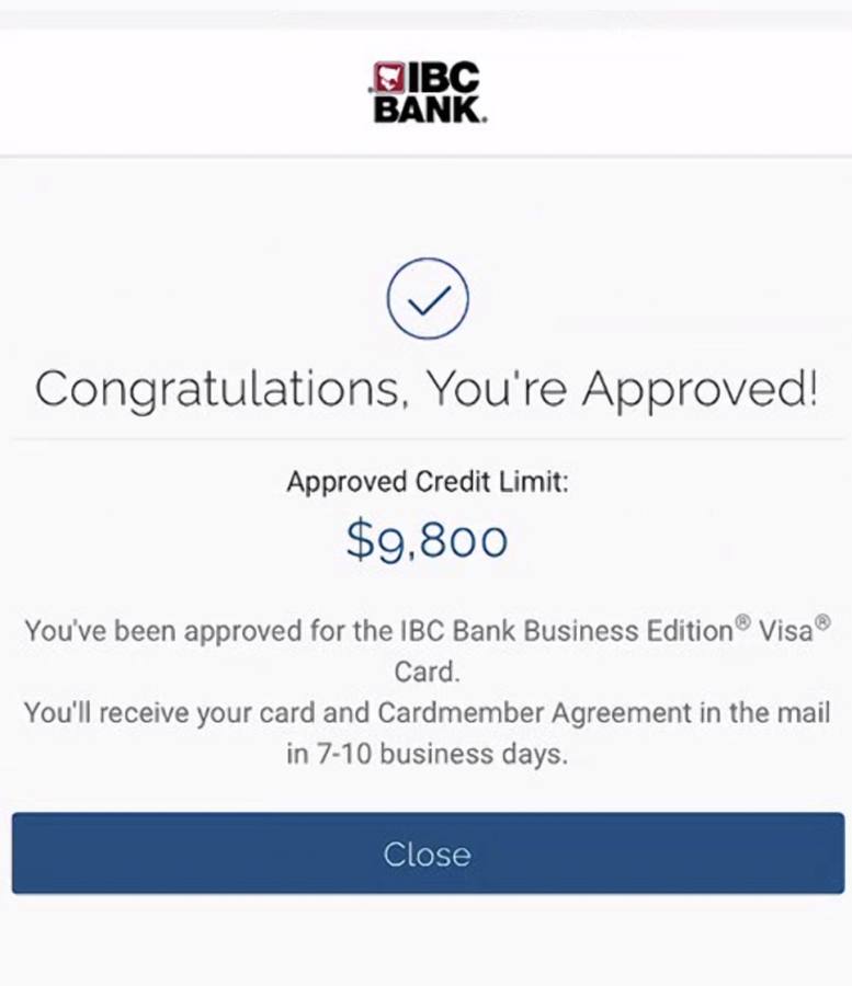 IBC Bank Business Edition Visa approved for $9,800