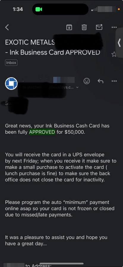 Chase Ink Business Cash fully approved for $50,000