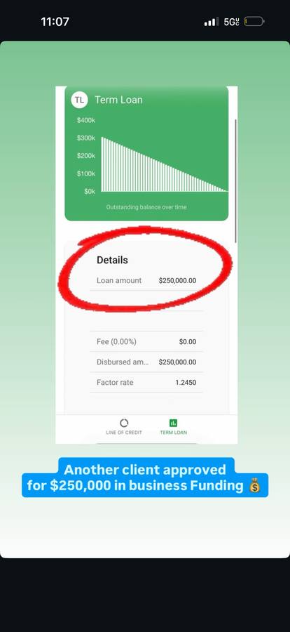 Business term loan funded at $250,000