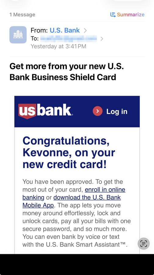 Kevonne approved for the U.S. Bank Business Shield Card